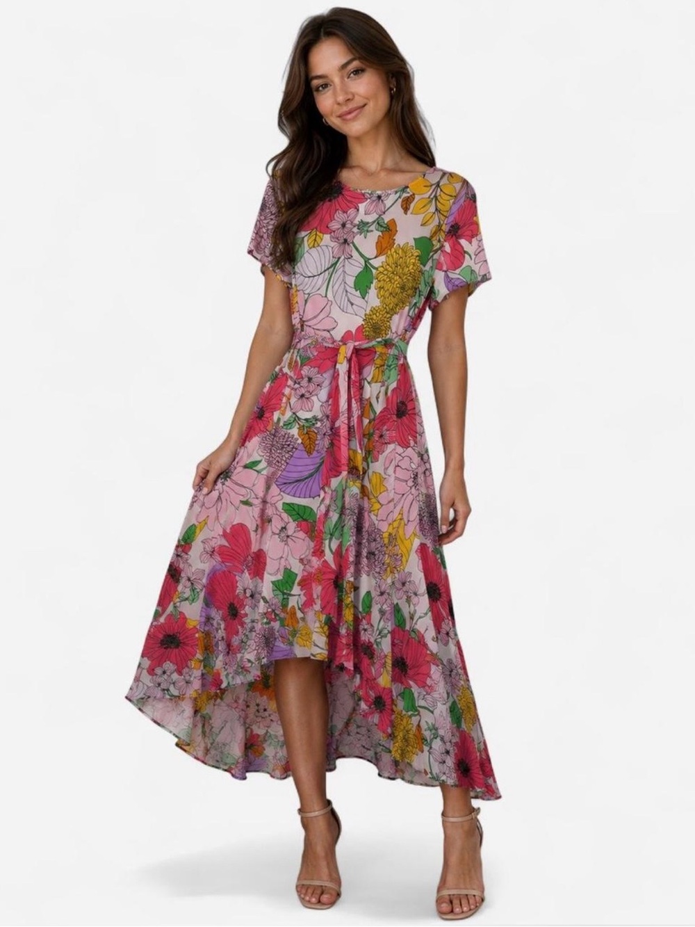 London Times Retro Floral Tie-Waist High-Low Midi Dress